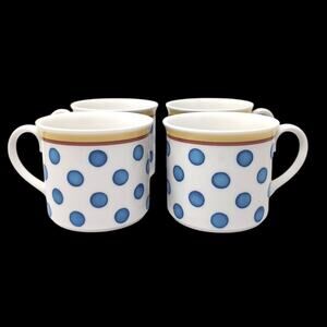 Villeroy & Boch Twist Anna Flat Coffee Mugs Cups Set Of 4 White Blue Polka Dots